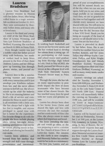 Bradshaw, Lauren Vera d. 22 Oct 2022