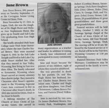 Brown, Jane Hurst d 27 Sep 2022