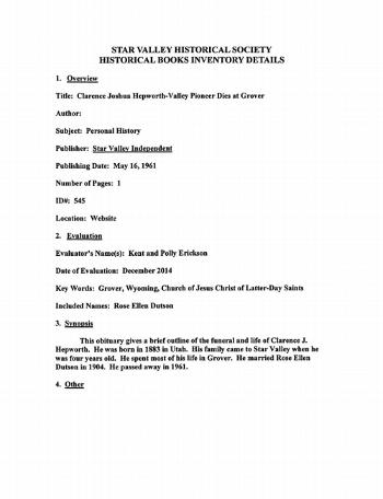 Clarence Joshua Hepworth-Valley Pioneer Dies at Grover