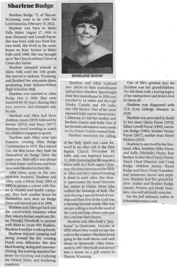 Budge, Sharlene Payne, d 19 Feb 2022