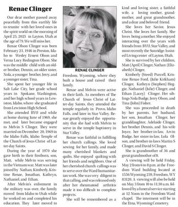 Clinger, Renae Olson d. 25 Apr 2025