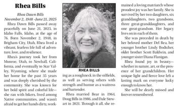 Bills, Rhea Dawn d 21 Jun 2025