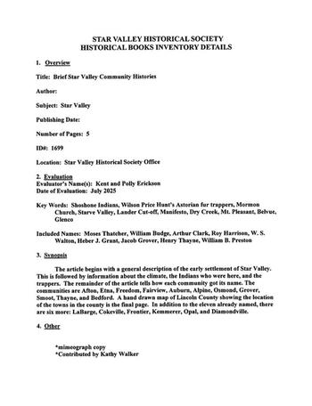 Brief Star Valley Community Histories