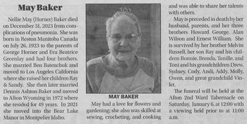 Baker, Nellie May Horner d. 31 Dec 2023