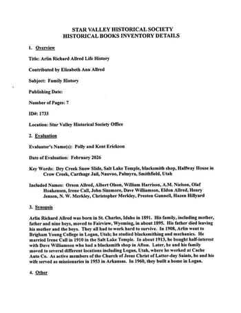 Arlin Richard Allred Life History